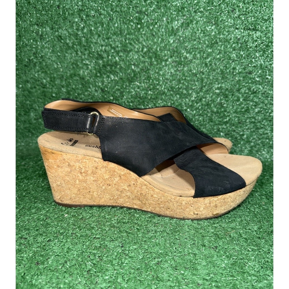 Clarks Sandals Womens Size 11 Annadel Eirwyn Cork Wedge Black Open Toe Slip On